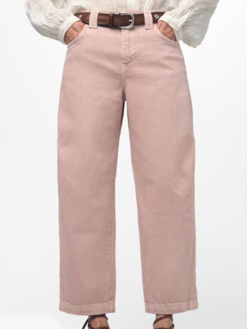 Zara The Cropped Barrel Leg Jean Pink Denim Relaxed Fit Wide Leg Mid Rise New 4